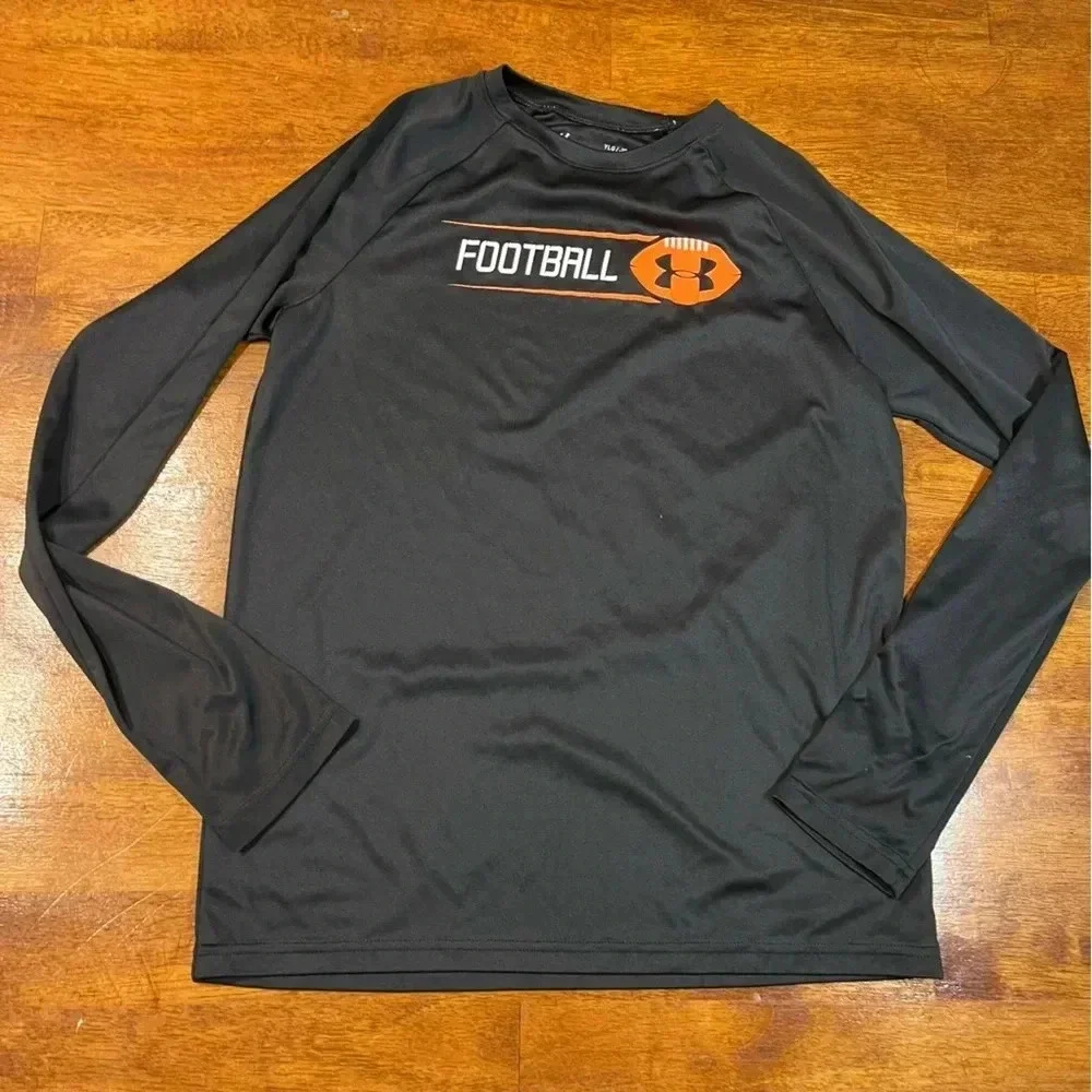 Under Armour Boys black orange football long sleeve shirt size youth large - Picture 1 of 4